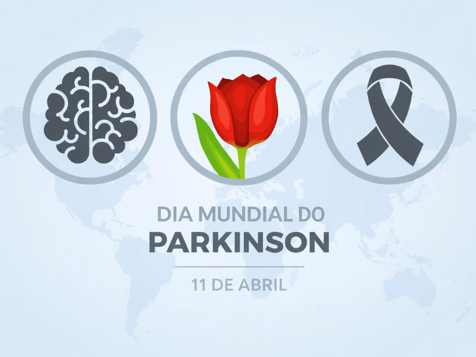 Ilustração do Dia Mundial do Parkinson com ícones de cérebro, tulipa e laço, representando biomarcadores Parkinson e conscientização global da doença.