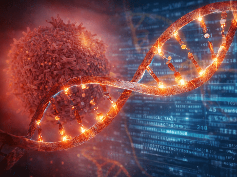 Ilustração biomédica de DNA com quebras e alterações estruturais associadas a assinaturas de dano ao DNA em células cancerígenas, com dados genômicos ao fundo.