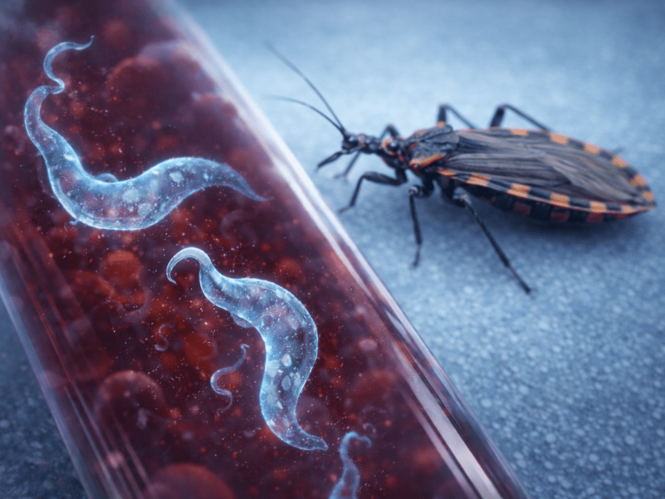 Representação realista do Trypanosoma cruzi em amostra de sangue, com destaque para o diagnóstico da doença de Chagas, e inseto vetor triatomíneo ao fundo em ambiente laboratorial.