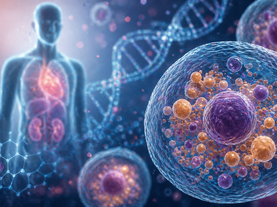 Representação abstrata da Doença de Fabry com acúmulo lisossômico em células e elementos genéticos, ilustrando o diagnóstico laboratorial da Doença de Fabry.