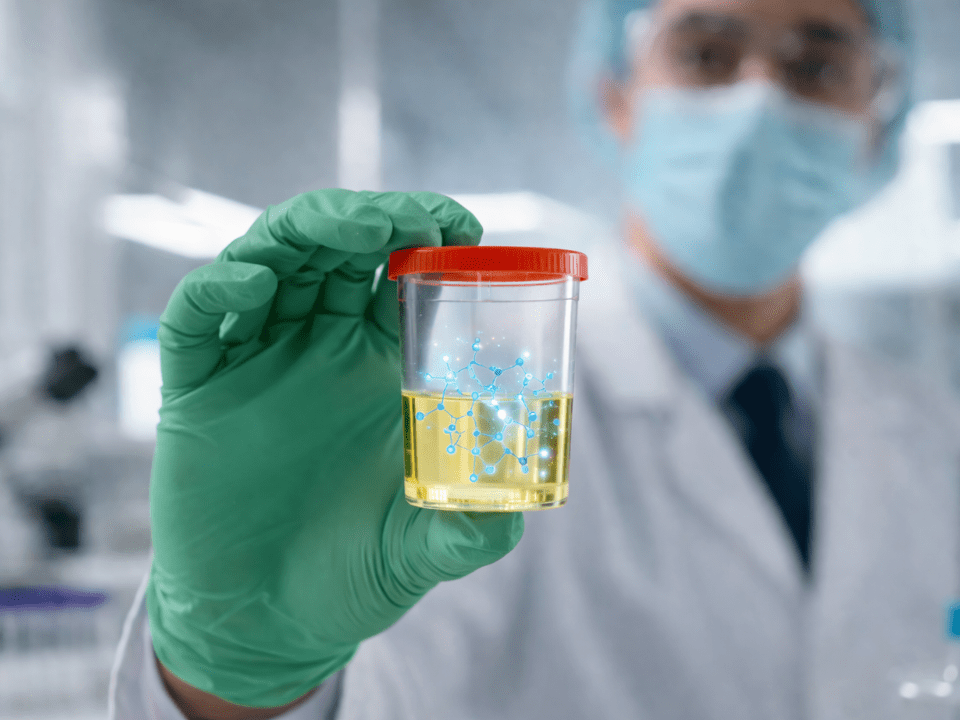 Diagnóstico precoce da dengue por teste urinário com biomarcadores, amostra de urina em frasco sendo analisada em laboratório clínico por profissional de saúde.