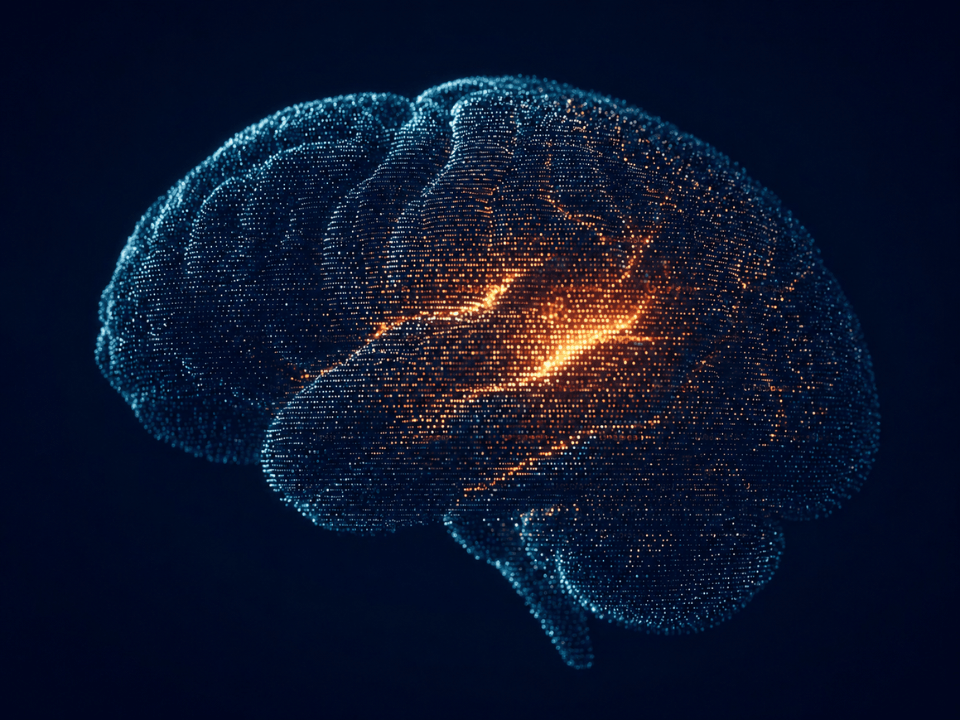 Imagem de cérebro digital formado por pontos luminosos, com área central em destaque representando atividade neural associada à dor crônica cérebro, em fundo escuro e estilo científico.