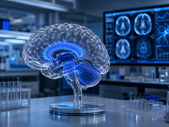 Cérebro humano com destaque para regiões associadas à memória e resiliência cognitiva em idosos SuperAgers no contexto do Alzheimer.