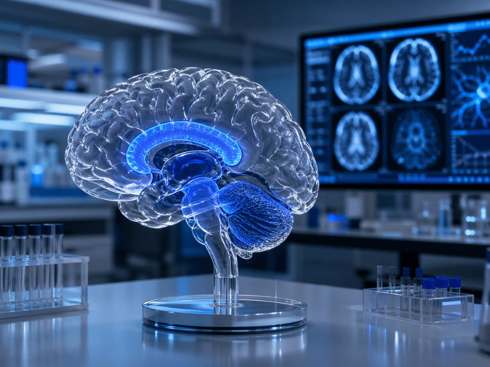 Cérebro humano com destaque para regiões associadas à memória e resiliência cognitiva em idosos SuperAgers no contexto do Alzheimer.