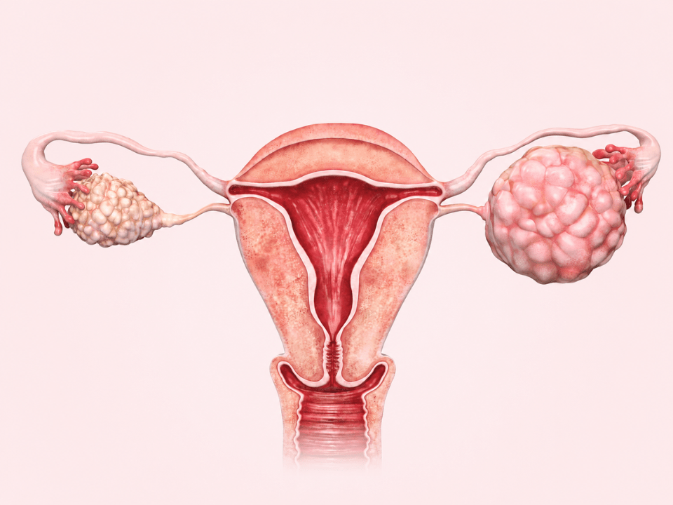 Ilustração médica anatômica do sistema reprodutor feminino mostrando alterações associadas ao câncer de ovário, com destaque para ovários aumentados e aspecto tumoral, em fundo rosa claro. Imagem utilizada para representar o Dia Mundial do Câncer de Ovário e a importância do diagnóstico precoce na medicina diagnóstica e oncologia ginecológica.