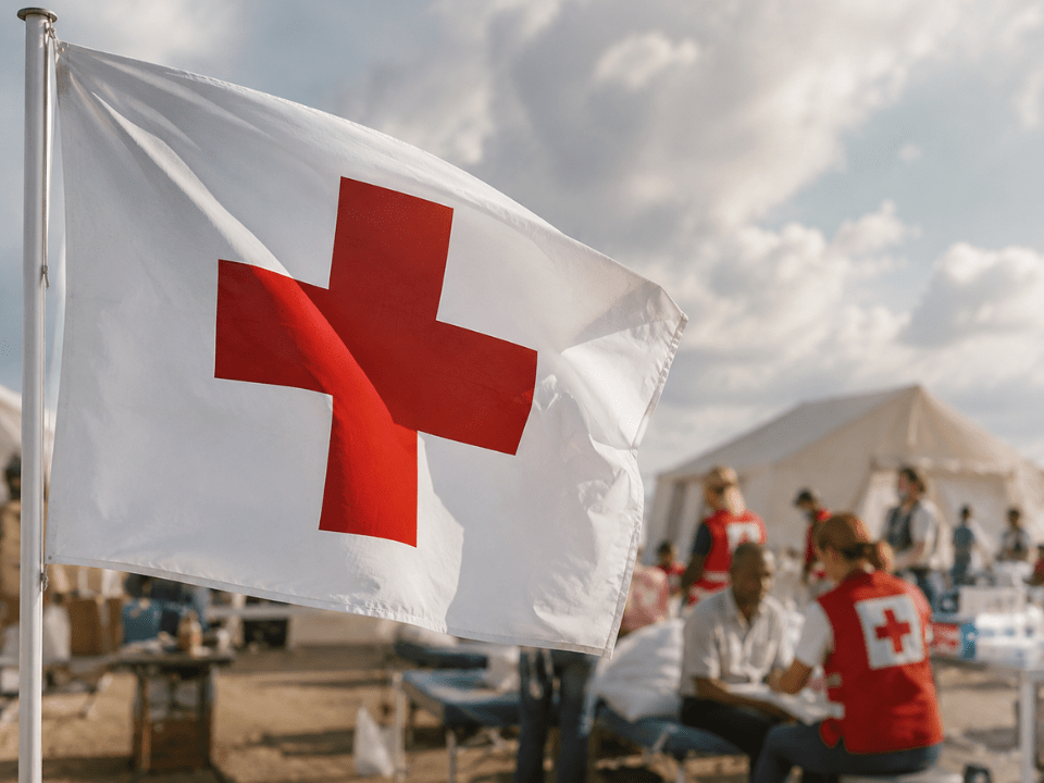 Bandeira da Cruz Vermelha em operação humanitária internacional durante atendimento médico emergencial, ilustrando o Dia Internacional da Cruz Vermelha e a atuação da medicina diagnóstica em crises globais.
