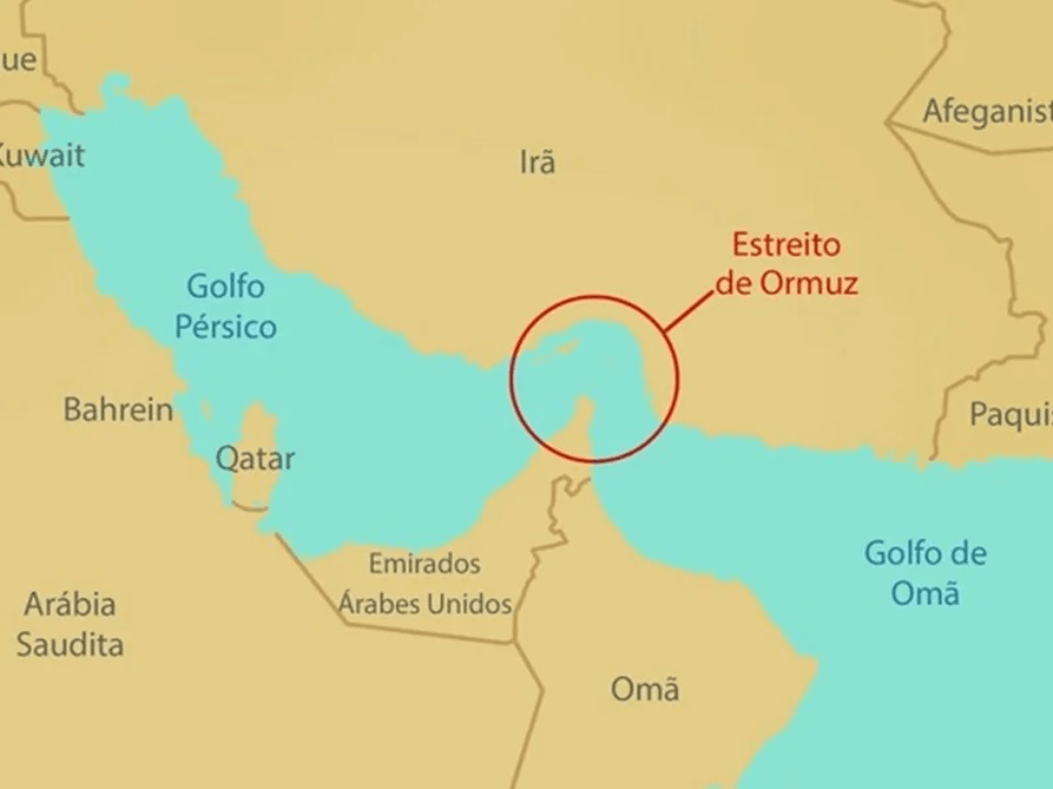 Estreito de Ormuz na representação logística de importações na saúde afetadas pela guerra Irã Estados Unidos, com contêineres, dispositivos médicos e cadeia global de suprimentos laboratoriais.