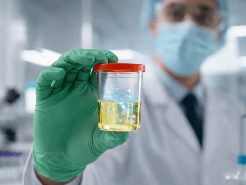 Diagnóstico precoce da dengue por teste urinário com biomarcadores, amostra de urina em frasco sendo analisada em laboratório clínico por profissional de saúde.