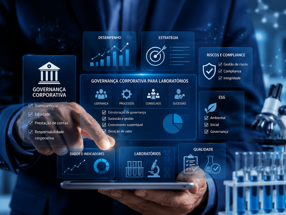 Executivo interagindo com painel digital de indicadores e processos estratégicos, representando governança corporativa para laboratórios, gestão empresarial, compliance e liderança no setor de diagnóstico.