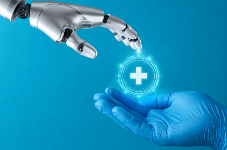 Representação de IA na saúde com braço robótico interagindo com símbolo médico digital sobre fundo azul, ilustrando transformação digital, inovação hospitalar e governança tecnológica na saúde.