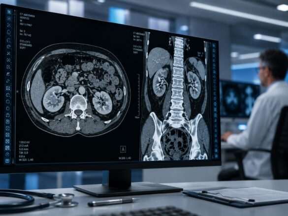 Monitor médico exibindo tomografia computadorizada abdominal com foco nos rins, em ambiente clínico de alta tecnologia, representando o diagnóstico precoce do câncer de rim, os avanços da medicina diagnóstica e a conscientização sobre tumores renais.