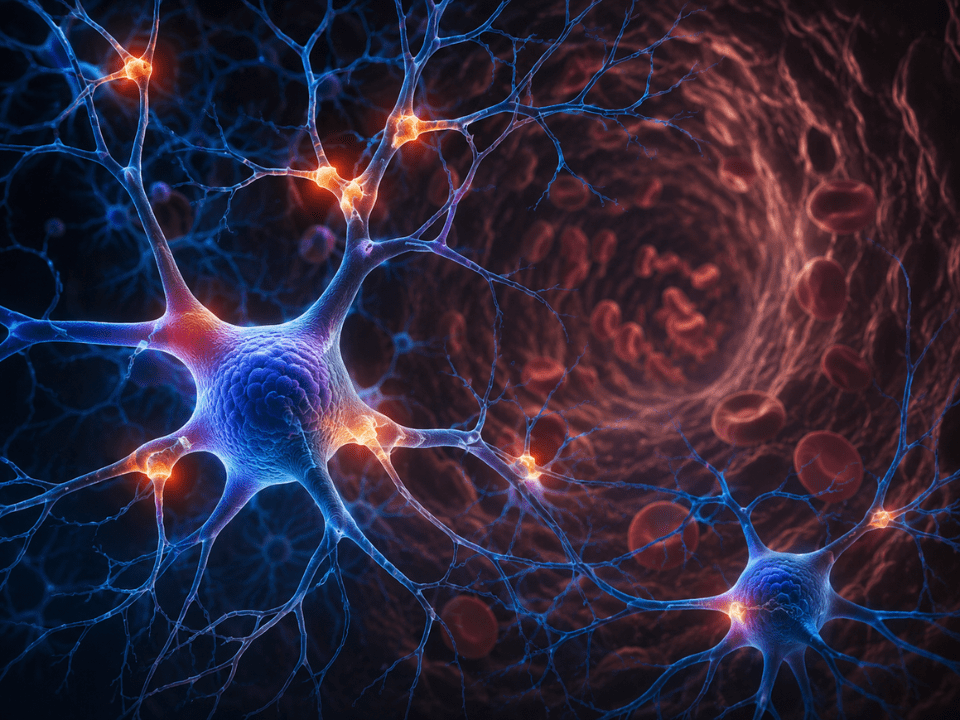 Ilustração científica de neurônios interconectados com sinapses iluminadas em tons de azul e laranja, representando atividade neurológica associada à esclerose múltipla. Ao fundo, um vaso sanguíneo em visão interna tridimensional exibe hemácias circulando, simbolizando a identificação de biomarcadores e proteínas sanguíneas associadas ao risco da doença. A imagem destaca a relação entre proteínas sanguíneas e esclerose múltipla, diagnóstico precoce, neuroimunologia e medicina diagnóstica avançada.