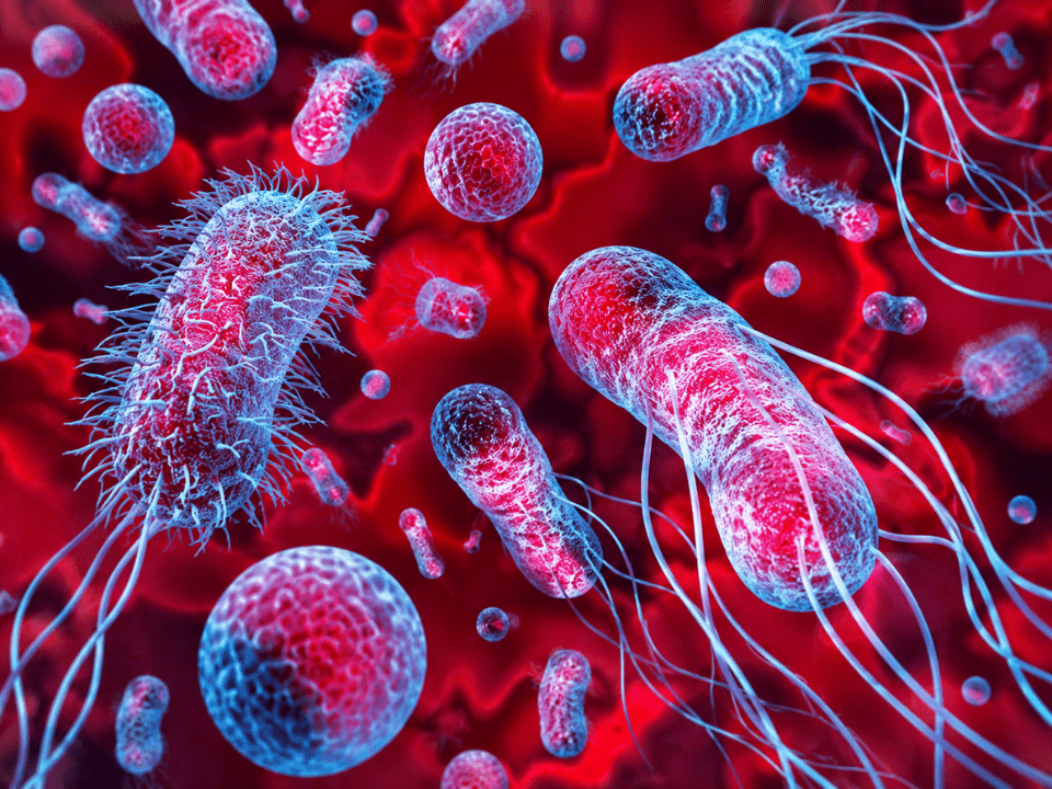 Ilustração científica tridimensional representando a detecção de infecções da corrente sanguínea, com bactérias circulando entre células sanguíneas em ambiente vascular. A imagem simboliza processos de bacteremia, sepse e diagnóstico microbiológico avançado, destacando a importância da hemocultura automatizada para identificação rápida de patógenos na corrente sanguínea.
