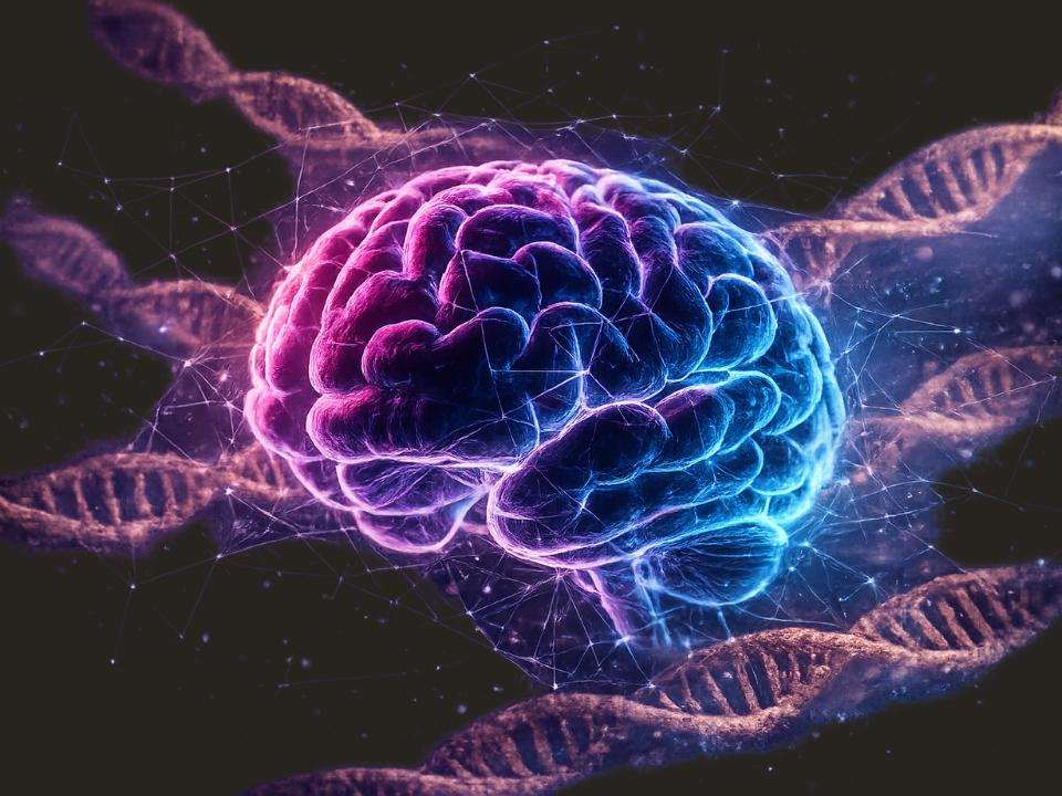 Representação digital de um cérebro humano iluminado em tons de azul e magenta, cercado por estruturas de DNA e conexões neurais em destaque. A imagem simboliza o sequenciamento completo do genoma aplicado ao diagnóstico genético de distúrbios do neurodesenvolvimento, evidenciando os avanços da genômica clínica, da neurologia e da medicina de precisão.