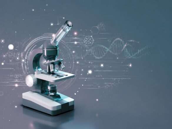 Microscópio digital em ambiente futurista cercado por elementos gráficos tecnológicos, conexões de dados e representação visual de DNA, simbolizando o avanço da IA em doenças raras e sua aplicação na genética clínica, medicina de precisão e diagnóstico molecular. A imagem destaca a integração entre análises laboratoriais, genômica e inteligência artificial para apoiar a identificação de condições raras de difícil diagnóstico.