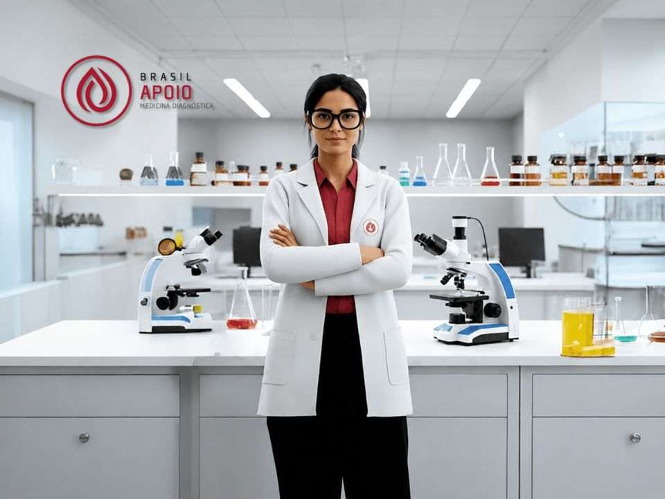 Representação da Miss AI em laboratório de análises clínicas. A imagem ilustra o uso de inteligência artificial para laboratórios na medicina diagnóstica, apoiando profissionais com informações técnicas, suporte especializado e inovação em saúde.