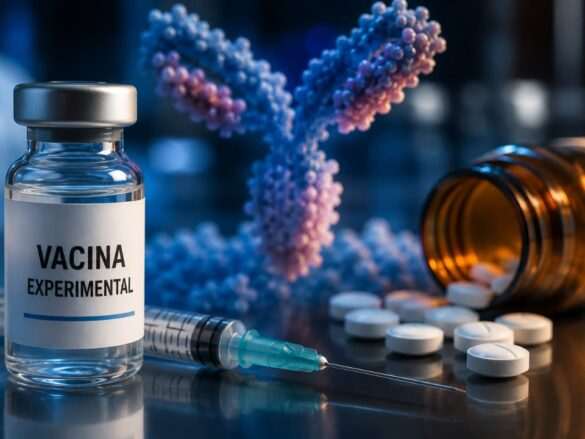 Frasco identificado como "Vacina Experimental" ao lado de seringa, comprimidos e representação molecular de anticorpos em ambiente laboratorial. A imagem ilustra pesquisa sobre vacina contra fentanil desenvolvida para neutralizar opioides sintéticos e ampliar a proteção contra overdoses associadas a essa classe de substâncias.