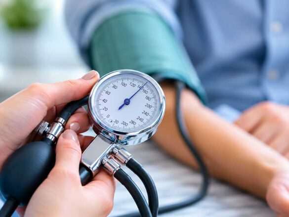 Profissional de saúde realiza aferição da pressão arterial utilizando esfigmomanômetro analógico durante atendimento clínico. A imagem ilustra o tema do webinar sobre hipertensão arterial promovido pela SBC, com foco em diagnóstico, monitoramento da pressão alta e prevenção do risco cardiovascular.
