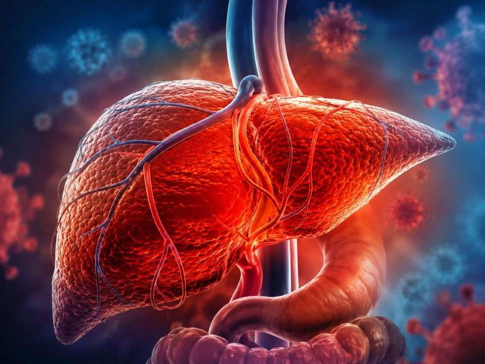 Ilustração 3D do fígado humano com partículas virais, alusiva ao Dia Mundial das Hepatites Virais e à importância do diagnóstico precoce.
