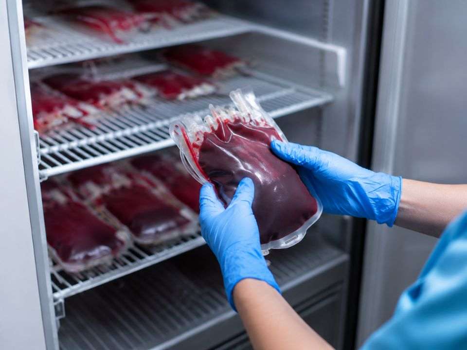 Profissional com luvas azuis inspeciona bolsa de sangue em refrigerador, representando o novo regulamento técnico de hemoterapia no Brasil.