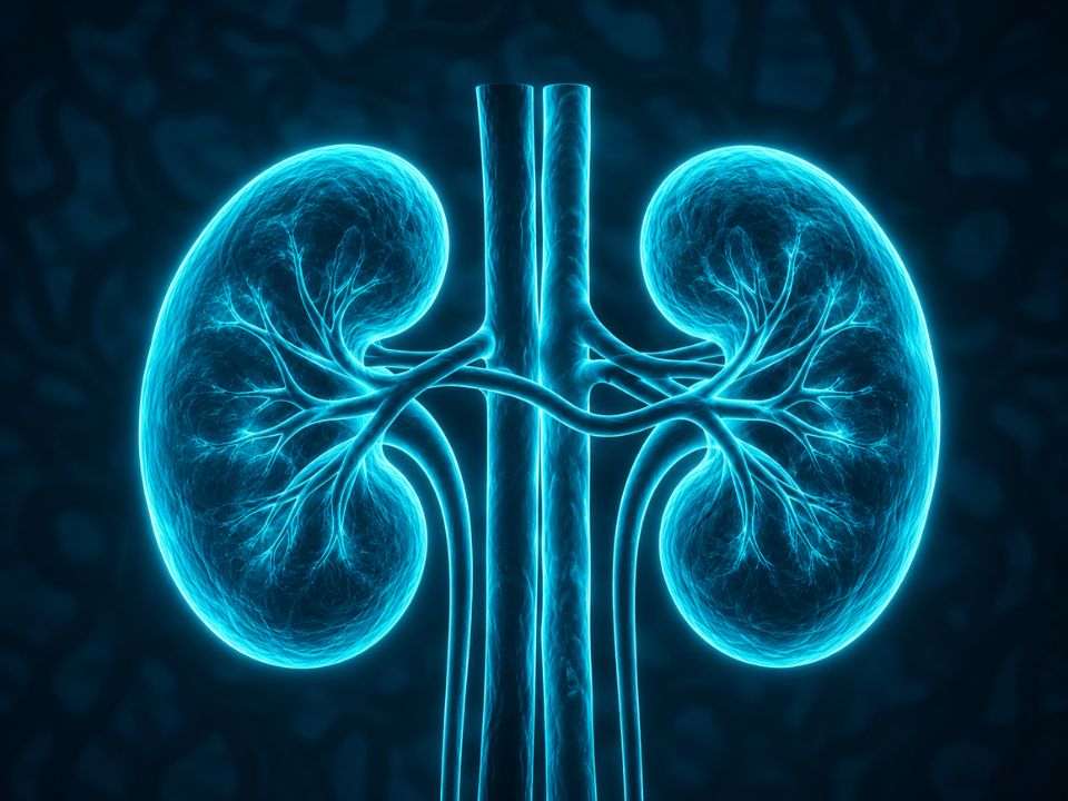 Imagem ilustrativa de rins e vasos renais em destaque, relacionada ao estudo sobre finerenona na doença renal crônica sem diabetes.