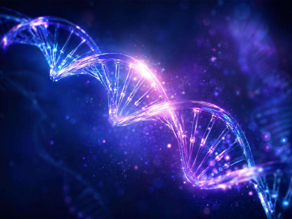 Sequenciamento de genoma completo em representação científica de DNA luminoso, associado a avanços em diagnóstico molecular, genômica e medicina de precisão.