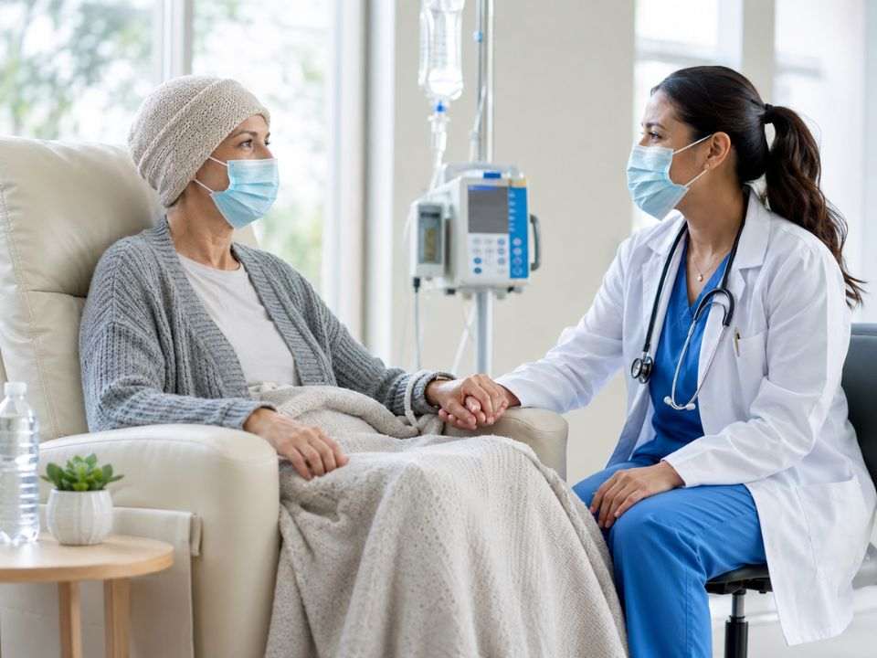 Paciente oncológica em consulta com médica, representando o uso de testes moleculares no local de atendimento para decisões clínicas mais rápidas.