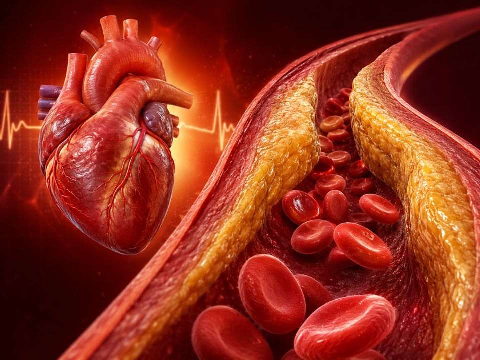Prevenção e controle do colesterol, artéria com placa de gordura e hemácias ilustrando aterosclerose e risco cardiovascular.