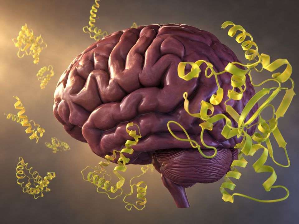 Doença de Creutzfeldt-Jakob: ilustração 3D do cérebro humano cercado por estruturas de proteínas priônicas.