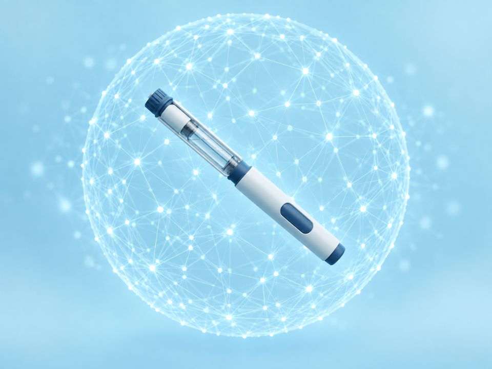 Caneta injetável em uma rede digital representa o uso de IA na análise de efeitos adversos de semaglutida e tirzepatida.