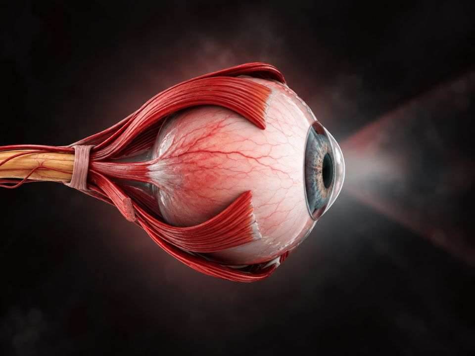Ilustração 3D do globo ocular, músculos externos e nervo óptico, como lembrança ao diagnóstico precoce do retinoblastoma.