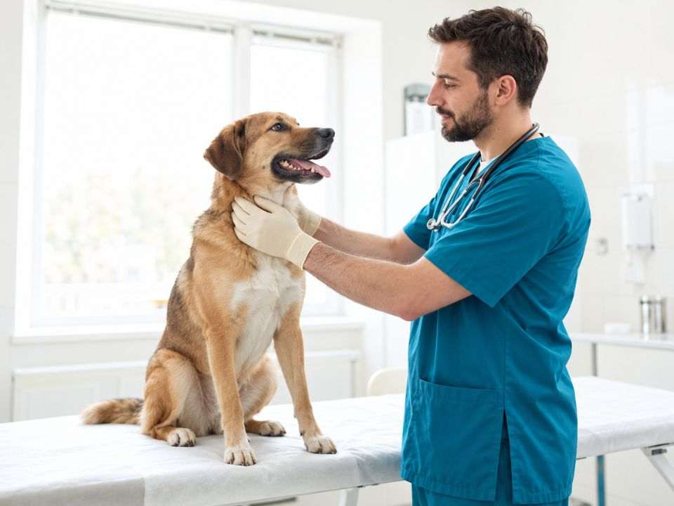 Veterinário examina cão em matéria sobre raiva humana transmitida por cães.