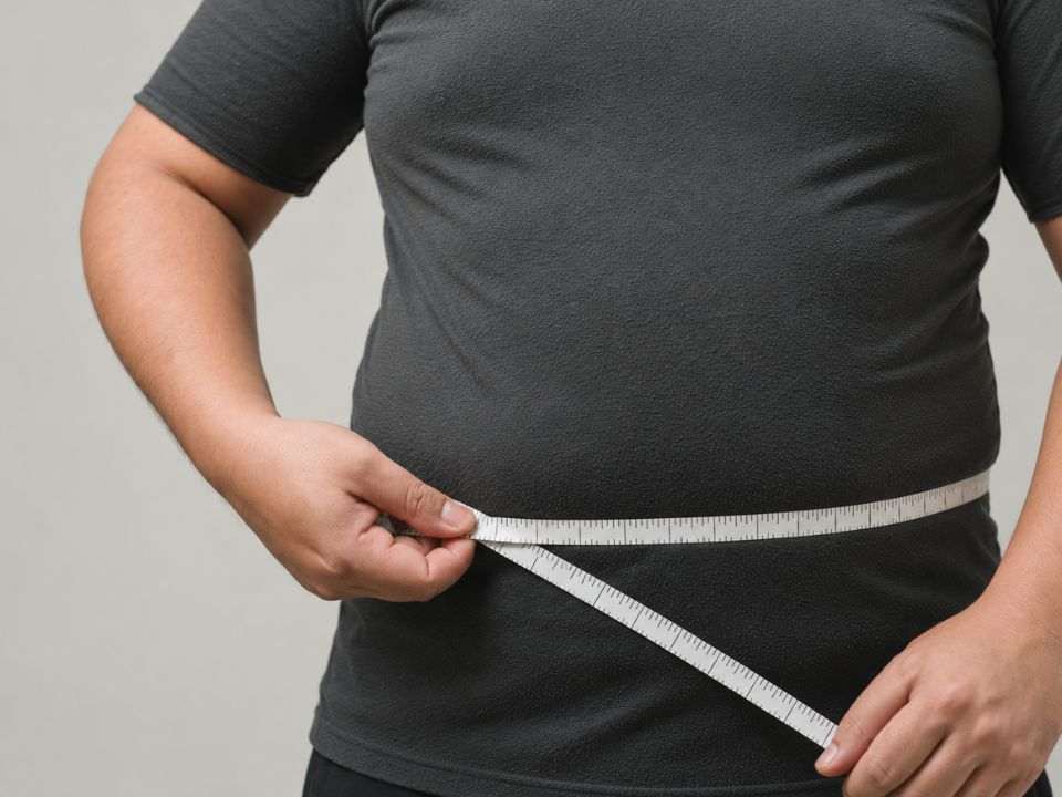 Pessoa medindo a circunferência da cintura com fita métrica, em imagem sobre prevenção da obesidade.