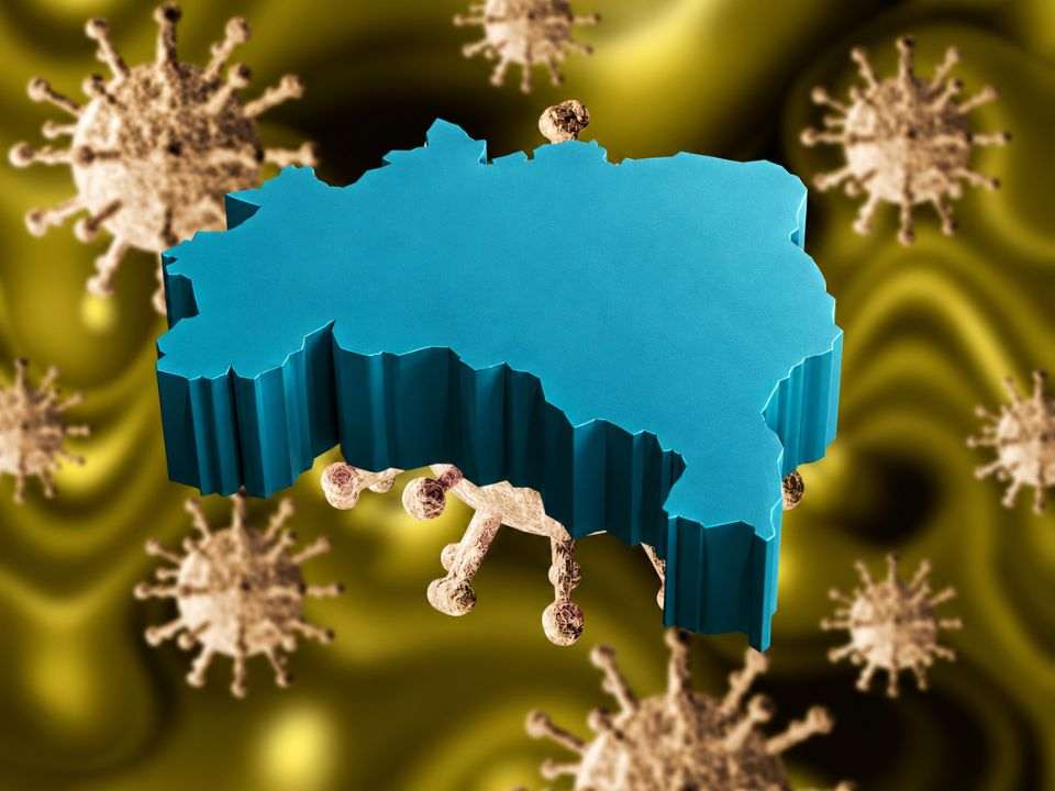 Ilustração de mapa do Brasil em azul cercado por partículas virais, representando o tema mudanças climáticas e doenças infecciosas.