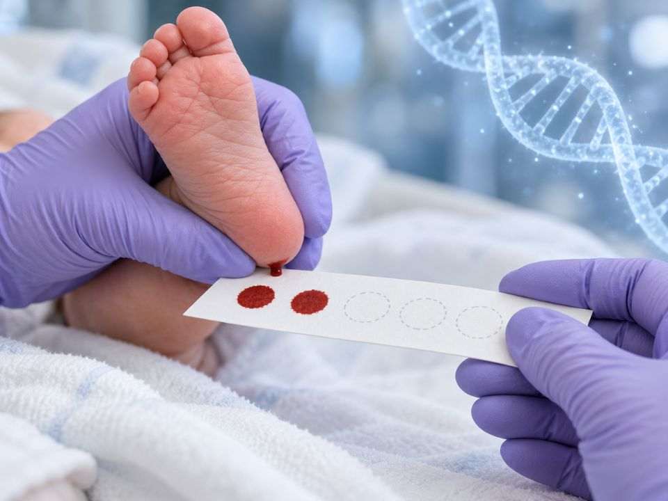 Triagem neonatal genômica ilustrada por coleta de sangue do calcanhar de um recém-nascido em papel-filtro, com mãos enluvadas e projeção de DNA ao fundo.